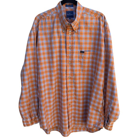 Faconnable Mens Orange Check Plaid Button Up Cotton USA Made Long Sleeve Shirt - Picture 1 of 11